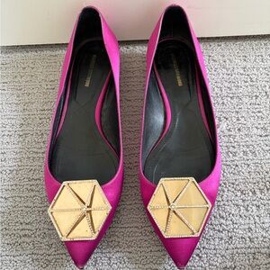 Nicholas Kirkwood Fuchsia Pink Pointed Toe Flats with Gold Embellishment